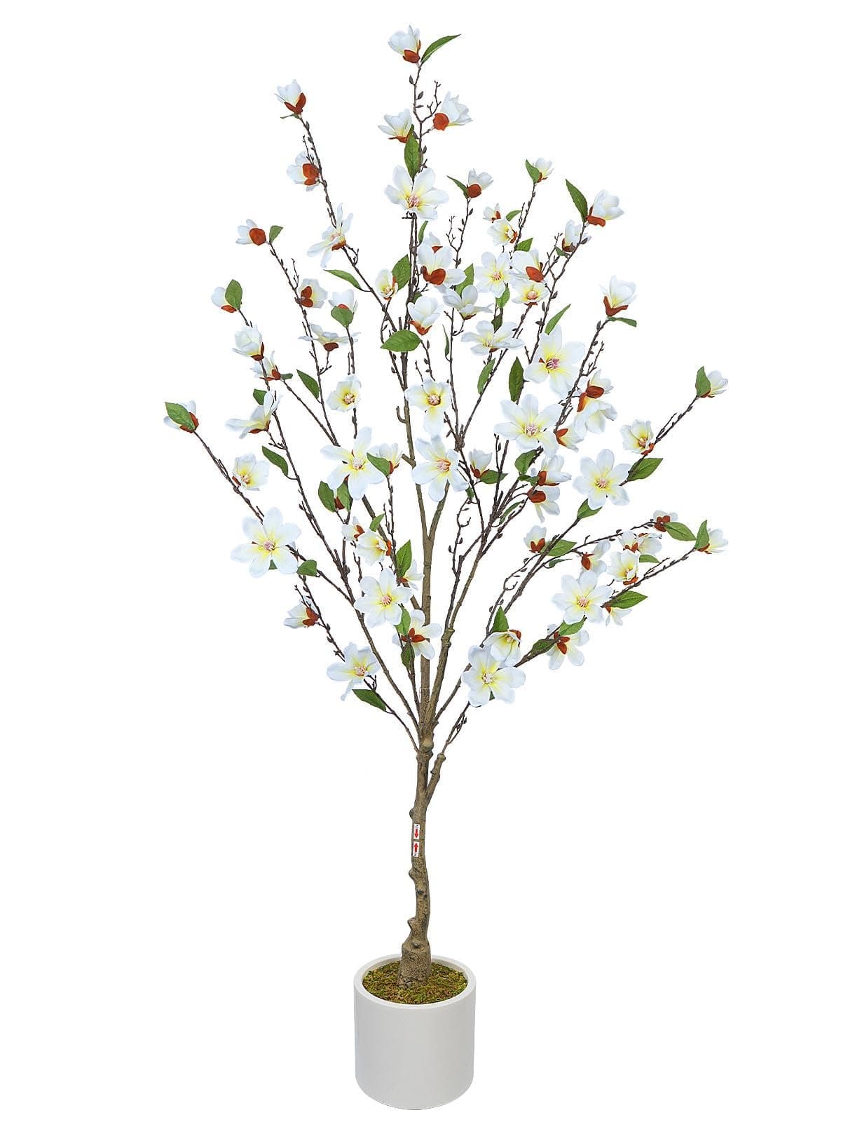 5FT Artificial Magnolia Tree Tall Fake Plant Outdoor in White Planter Pot - Faux Trees Indoor Tall Fake Floor Plant with Silk Magnolia Flowers for Home Front Porch Office Patio Garden Decor