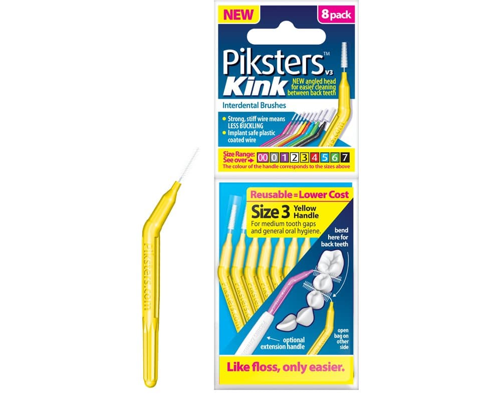 PikstersKink Interdental Brushes - for Cleaning Between Teeth (8 Pack, Size 3 (Yellow))