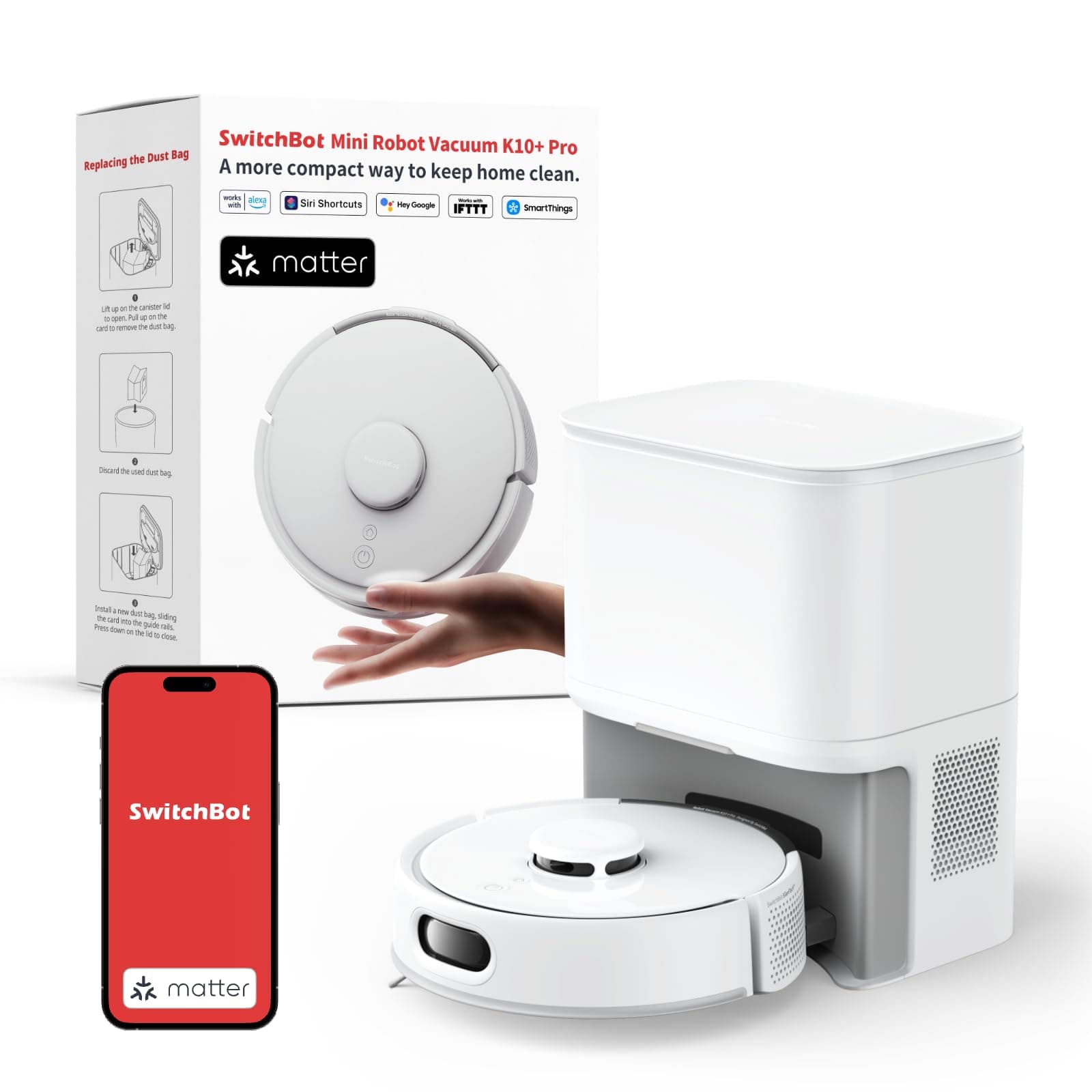 SwitchBot K10+ Pro Robot Vacuum Self Emptying for 90 Days Hands-Free, Super Quiet Mini Robotic Vacuum Cleaner with High Suction Power, Anti-Hair-Tangle, Works with Matter/Alexa/Siri, 2.4Ghz WiFi