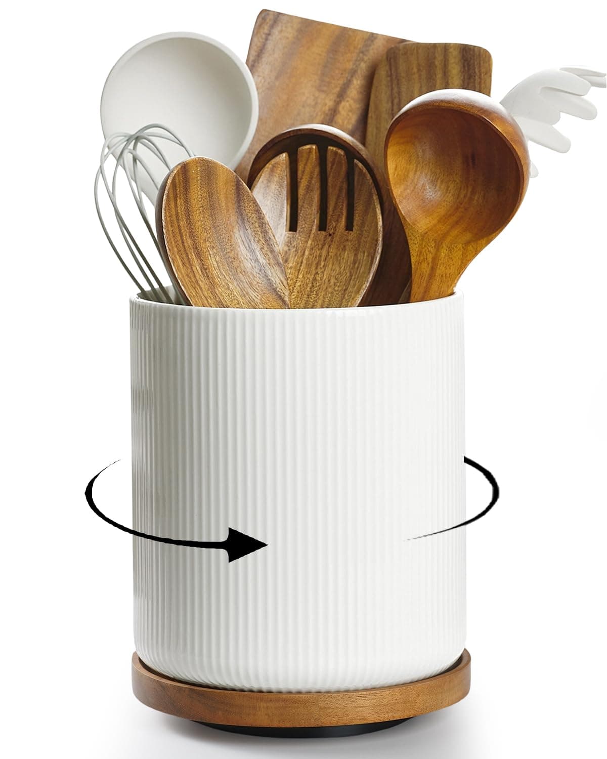 getstar 360° Rotating Large Kitchen Utensil Holder - Ceramic With Rotatable and Detachable Wooden Base for Counter, UT0701