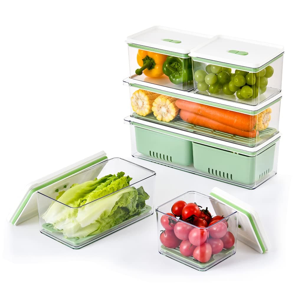 Lille Home Stackable Produce Saver, Organizer Bins/Storage Containers with Removable Drain Tray, Set of Six, for Refrigerators, Cabinets, Countertops and Pantry, BPA Free (Set of Six)