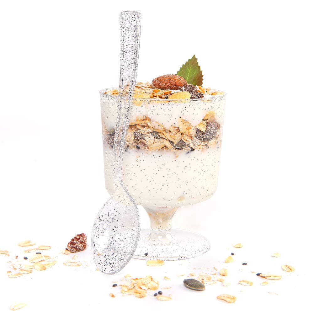 WDF 96PACK 7oz Christmas Silver Glitter Medium Large Plastic Dessert Cups With Spoons-48 Disposable Appetizer Cups |Wine Goblet Glasses & 48 Silver Glitter Tasting Spoons