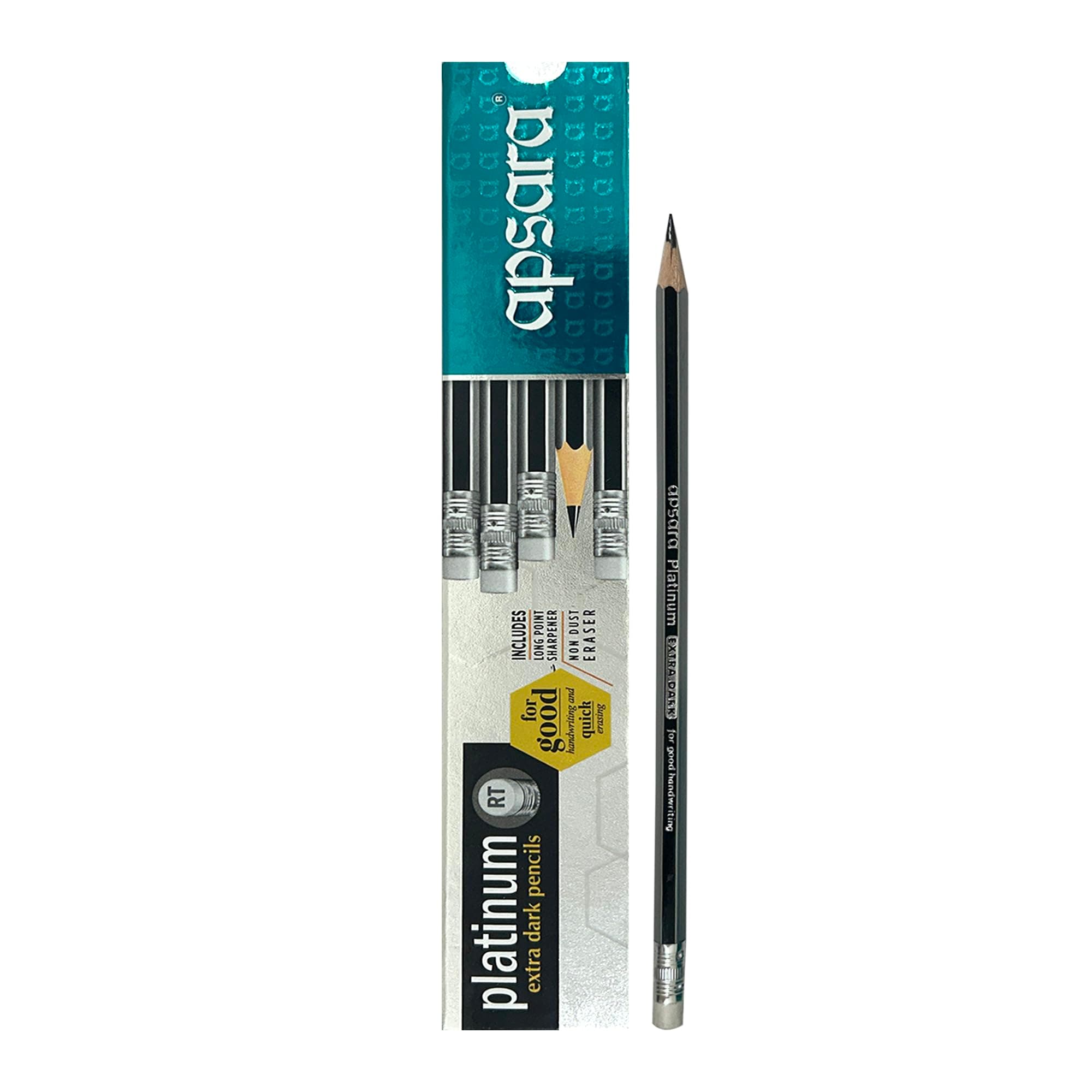 Apsara Platinum Pencils Rubber Tip, Hexagonal Body for Strong Grip, Extra Dark, Good Handwriting, Soft Wood for Easy Sharpening, Free Sharpener & Eraser (Pack of 10 Pencils)
