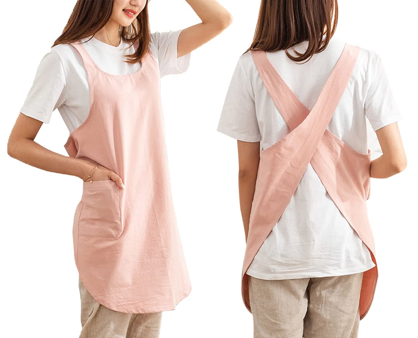 Cotton Cross Back Aprons Solid Color Cooking Kitchen Garden Smock for Women Girls with Pockets