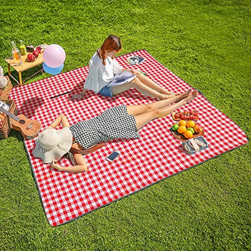 Three Donkeys Machine Washable Extra Large Picnic & Beach Blanket Handy Mat Plus Thick Dual Layers Sandproof Waterproof Padding Portable for the Family, Friends, Kids, 79"x79" (Red and white)