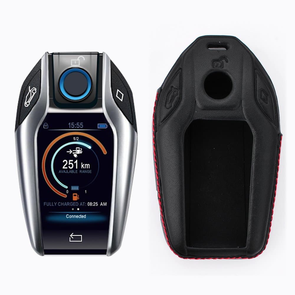 Car Display Remote Key Fob Case,Genuine Leather Protective Key Cover Soft Protective Holder Shell with Keychain Ring for New BMW 7 Series and 2018 BMW 5 Series Auto Keychain Accessories Holder (black)