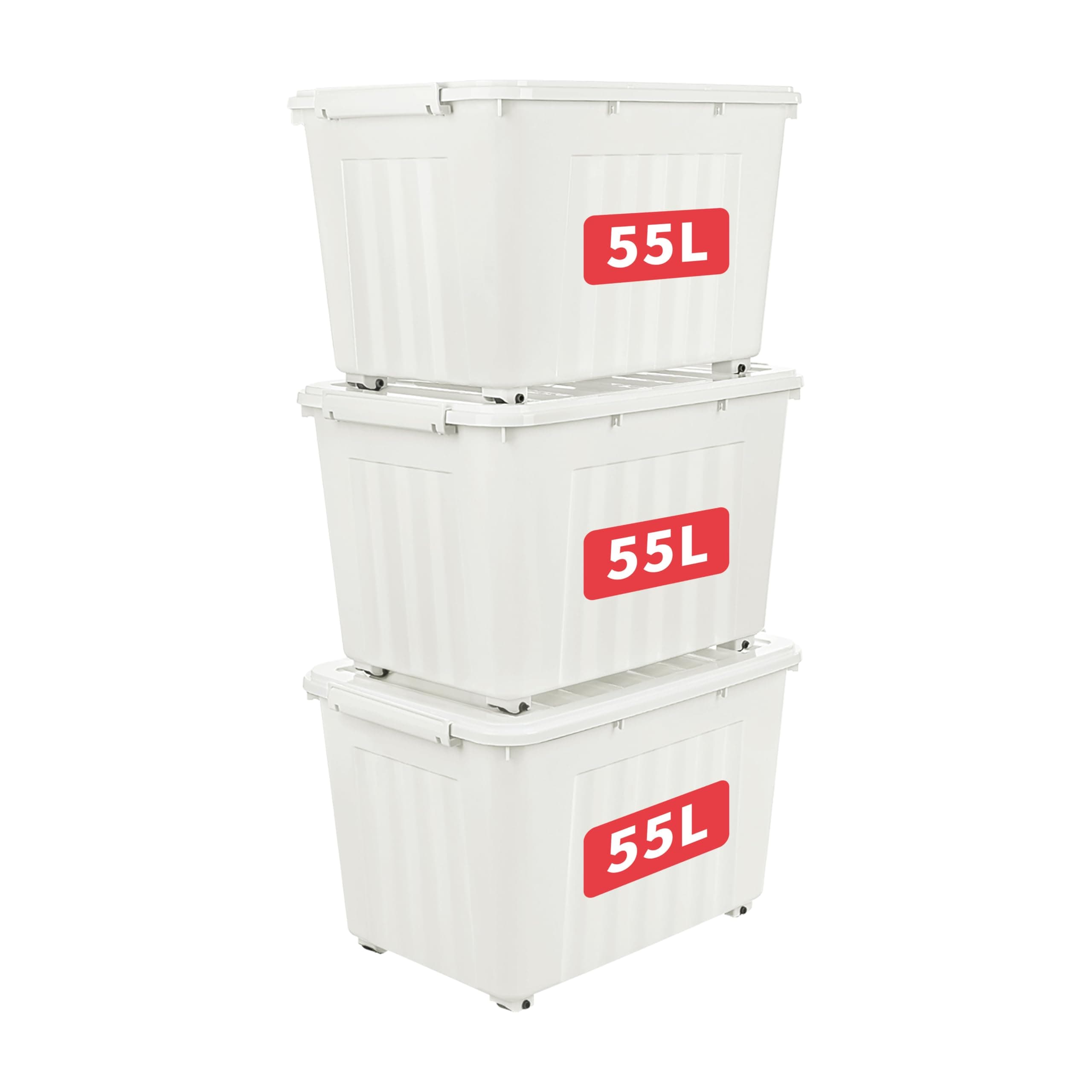Cetomo 55L*3 Storage Boxes with Lids, Plastic Storage Box with Wheels and Secure Side Latches, Stackable & Nestable Organizer for Home, Office, Moving, PP, White, 55L-3 Pack