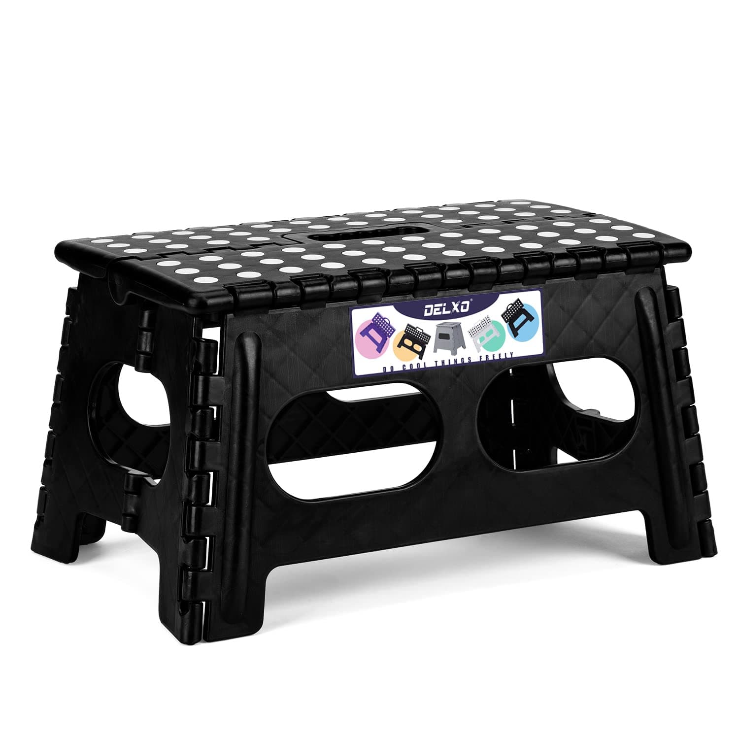 Delxo Folding Step Stool, 9 Inch Plastic, Wide & Non-Slip, Foldable & Portable, Kitchen & Bathroom, Black