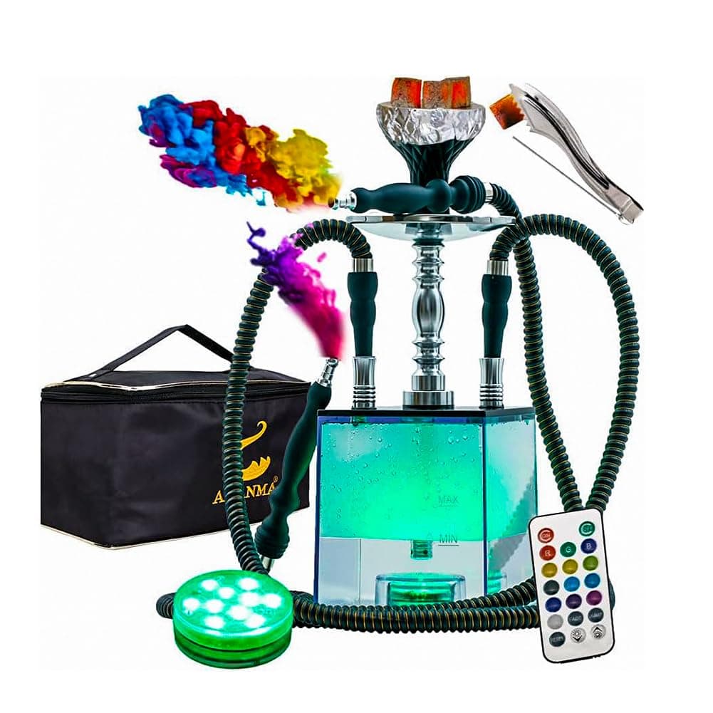 2 Hose Hookah Set With Travel Case Clean Brush, Micro Cube Acrylic Hookah with Silicone Hookah Bowl 2 Leather Hose Foil Sheet Coal Tongs Magical Remote LED Light for Better Shisha Narguile Smoking