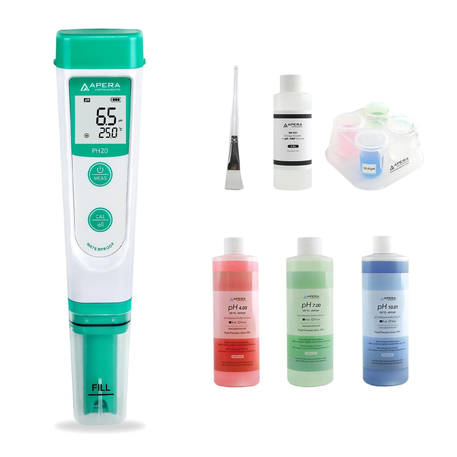 Apera Instruments, LLC AI209-T Value Series PH20 pH Tester Combo Kit with 8 oz. calibration buffers (4,7,10), 4 oz. 3M KCL Storage Solution, Probe Cleaning Brush & CalPod Solution Holder