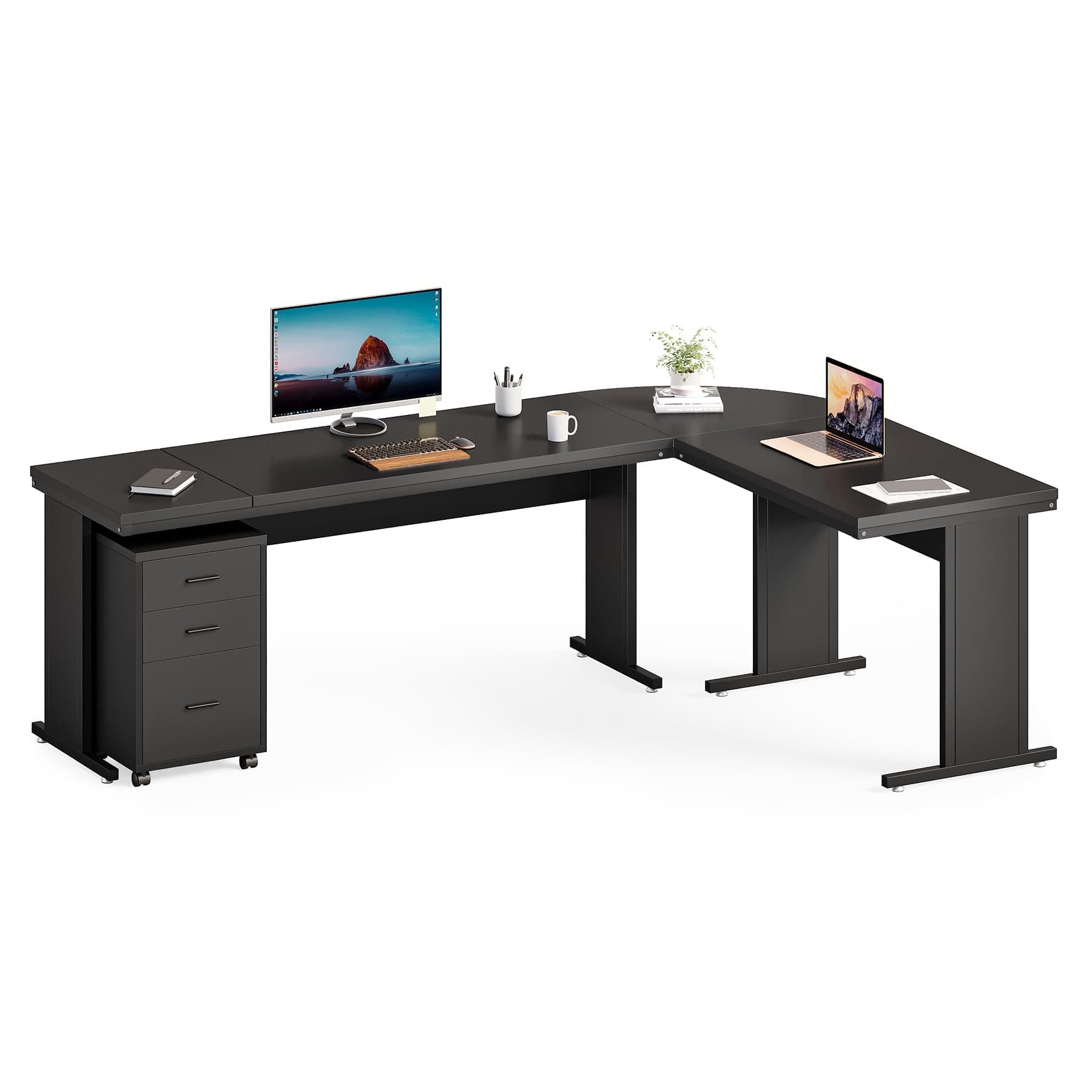 82.67" Long Executive Desk Large L-Shaped Computer Office Desk with 3-Drawer Mobile File Cabinet, Industrial Business Furniture Desk Workstation for Home Office, Black