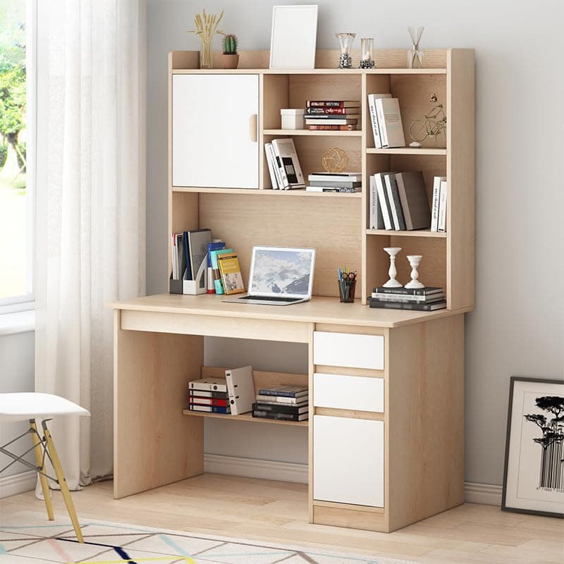 LITFAD Modern Computer Desk Work from Home Desk with Hutch, Bookcase and Integrated Cable Management, Rectangular Wood Office Desk 3 Drawers, 39.4" L x 17.7" W x 64.2" H, Natural