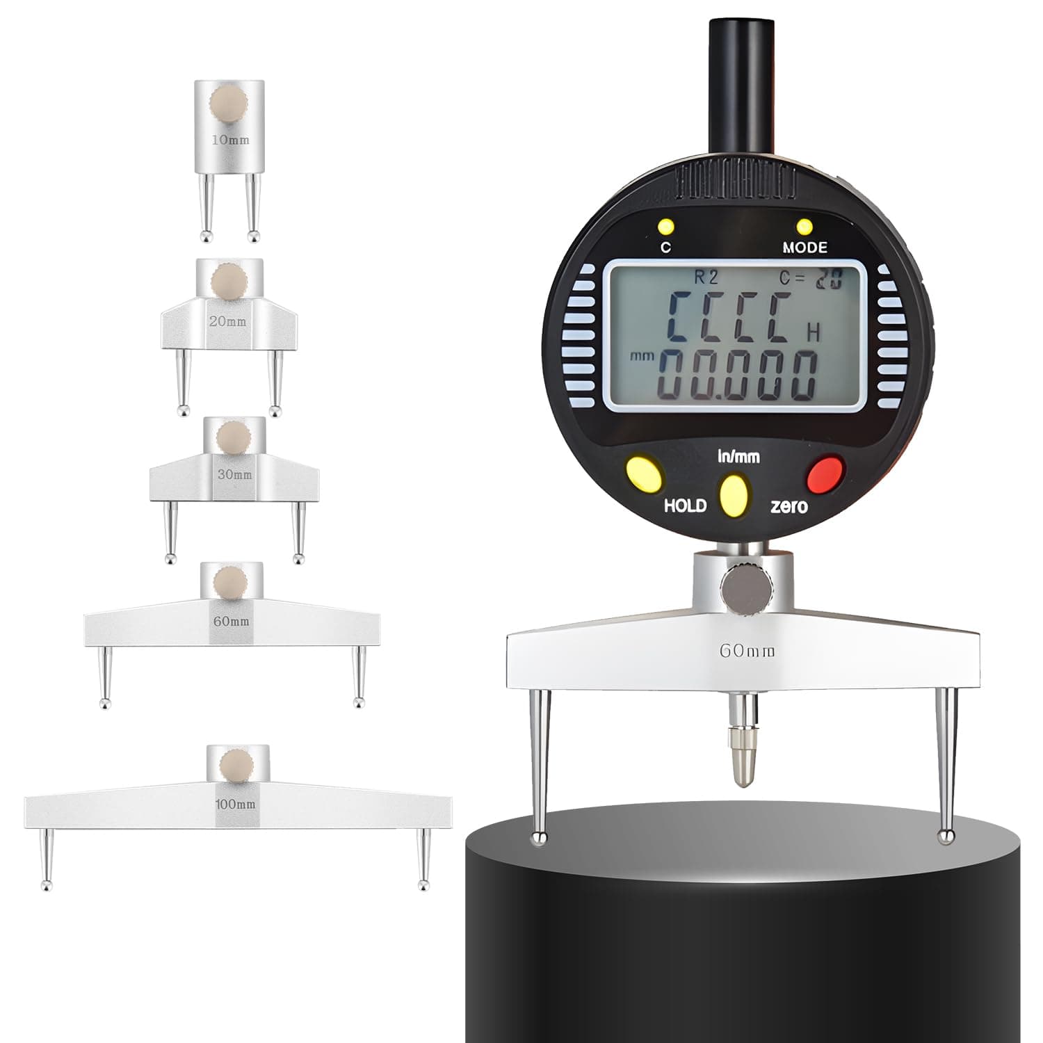 High accuracy digital radius gauge Electronic Inside and Outside Radius Gage with 10mm /20mm /30mm /60mm/100mm changeable measuring jaw Black 0.2" - 27.5"/5 mm - 700 mm