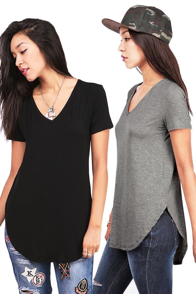 Bundle 2 Items: Emma's Closet Women's Oversize Stretchy V-Neck Tee Bundle (L, Black & Charcoal)