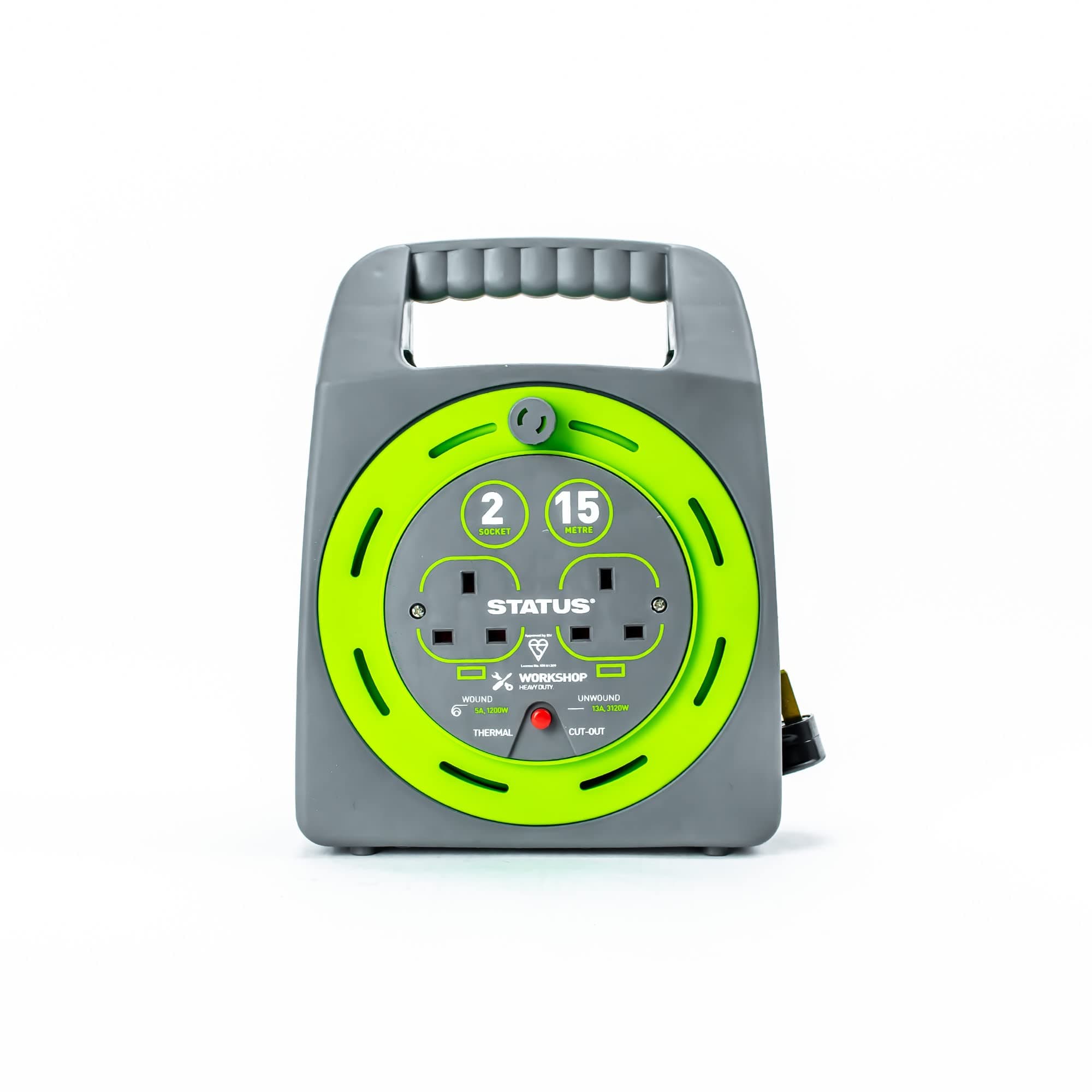 2 Socket Cable Reel | 15m Green Extension Lead | 13A with Thermal Cut Out | Heavy Duty Outdoor Extension Lead | S15M2SHBCR1PK2