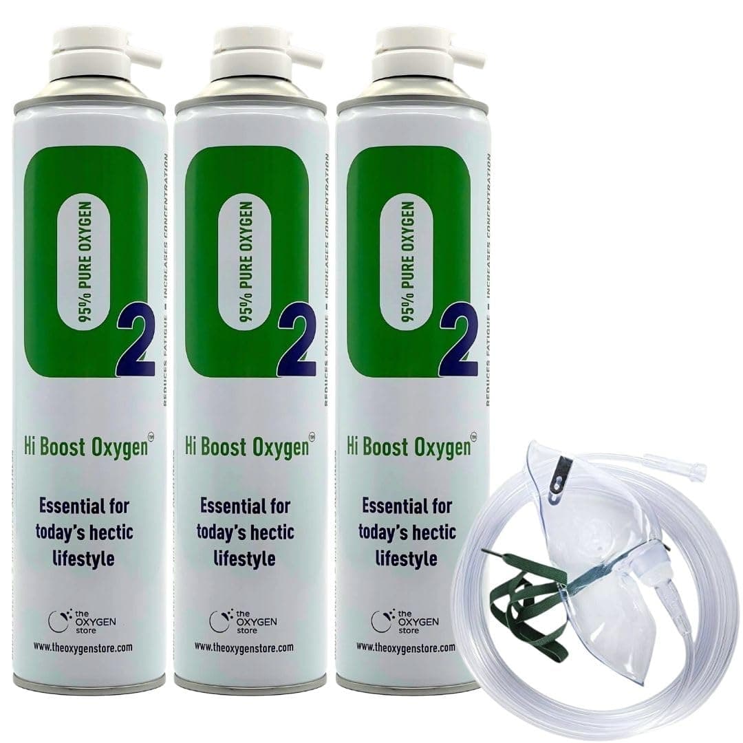 – Hi Boost O2 Oxygen in a can 10l Each can Total 30L (3 Cans) Portable Oxygen Including 1 x Mask and Tubing Set - Great for Sport, Work, Health, Increased Concentration and Energy