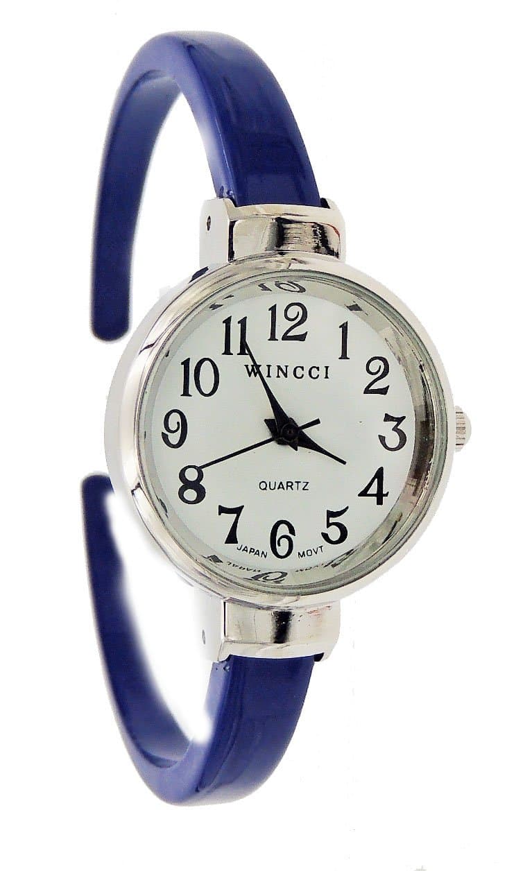 Women's Classic Dainty Easy Read Navy Blue Enamel Bangle Cuff Watch