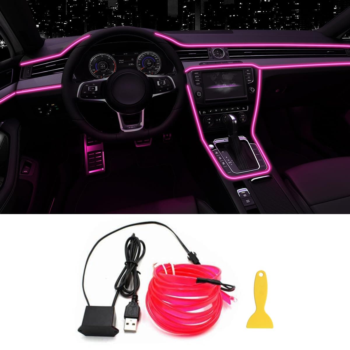 EL Wire Interior Car LED Strip Lights, 16.5FT USB Neon Glowing Strobing Electroluminescent Wire Strip with 6mm Sewing Edge, Ambient Lighting Kits for Car Home Decorations (Pink)