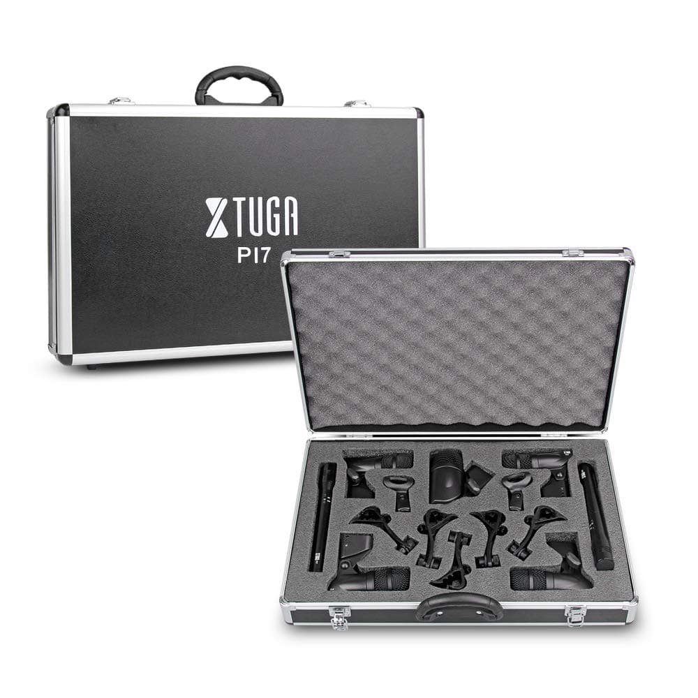 XTUGA PI7 7-Piece Wired Dynamic Drum Mic Kit (Metal and Plastic)- Kick Bass, Tom/Snare & Cymbals Microphone Set - Use For Drums, Vocal, Other Instrument Complete with Thread Clip, Inserts, Mics Holder