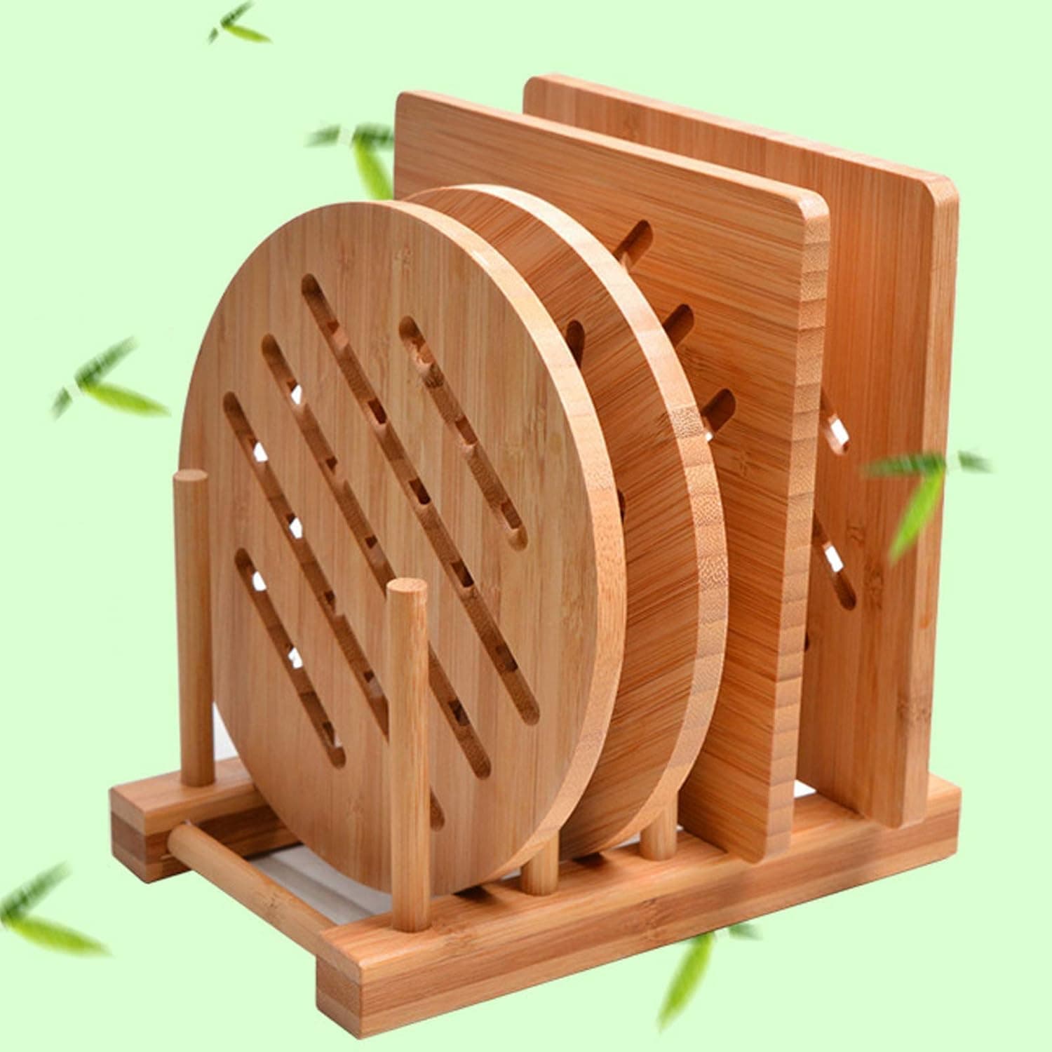 Natural Bamboo Trivet Set - 2 Square, 2 Round, 1 Storage Rack for Hot Dishes & Teapots