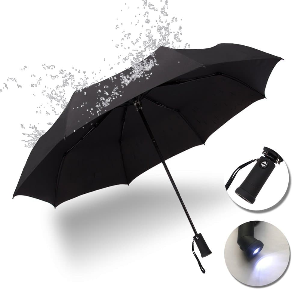 Compact Folding Travel Umbrella Windproof Waterproof, Auto Open Close with Teflon Coating Dry Quickly, LED Flashlight Handle, Black