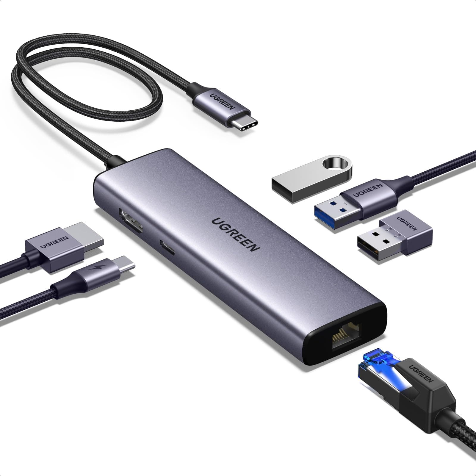 UGREEN Revodok 1061 USB C Hub, 6-in-1 Dock with 1Gbps Ethernet, 4K HDMI, 100W PD, 3 USB A 3.0 Data Ports, Multiport Adapter for PC Laptop Phone Compatible with MacBook, iPad, iPhone 17/16, Galaxy S26