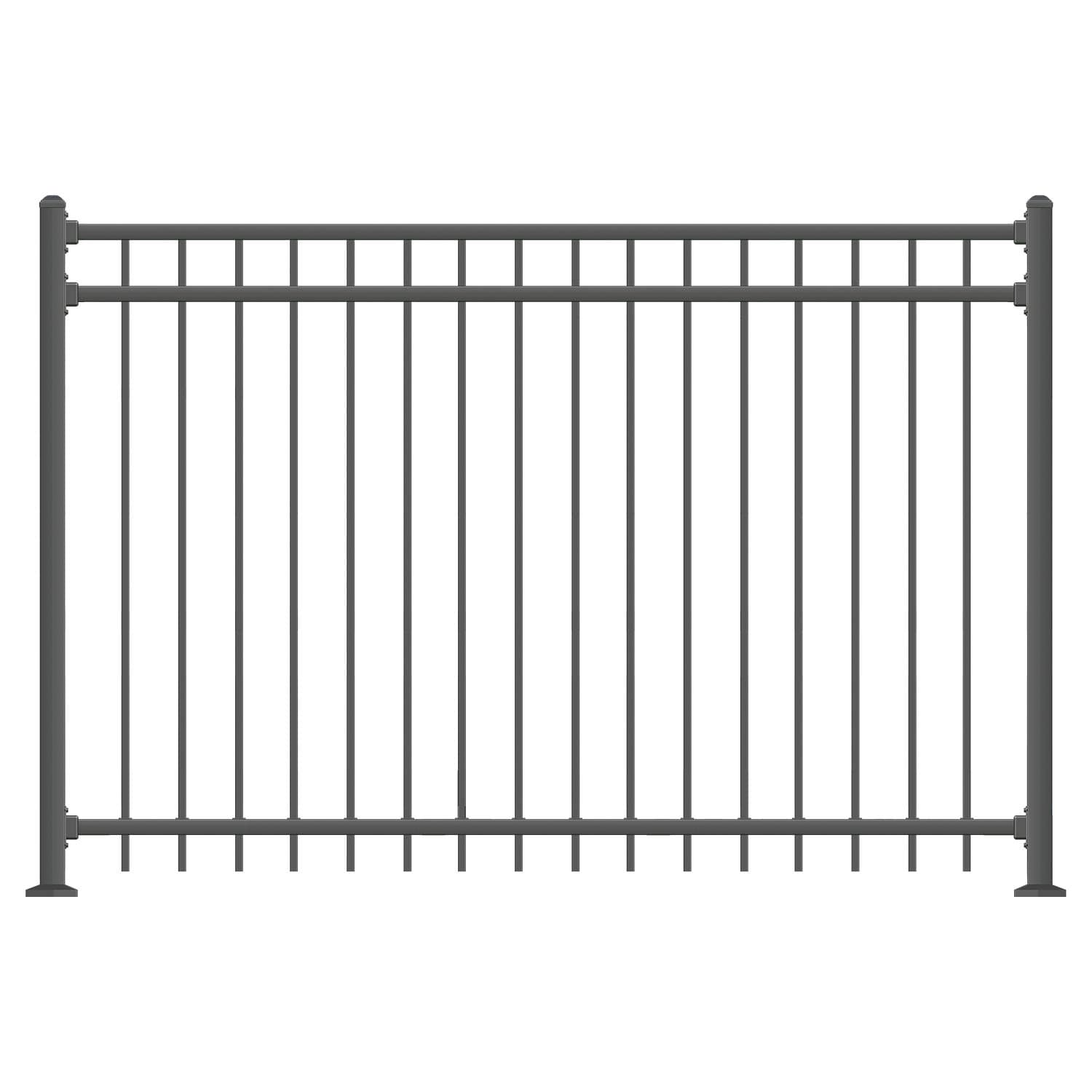XCELBlack Steel Anti-Rust Fence Panel - Flat End Picket - 6.5ft W x 5ft H - Easy Installation Kit, Outdoor Residential Fencing for Yard, Garden, Concrete, 3-Rail Metal Fence, Include a Fence Post