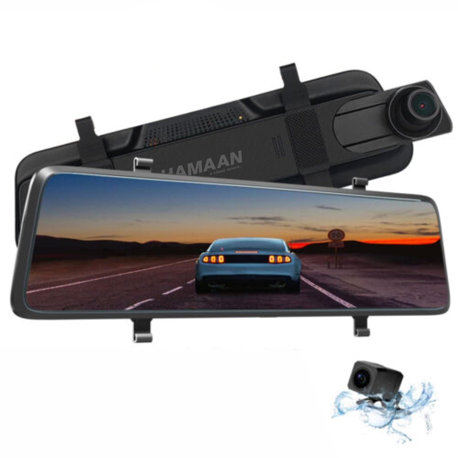 Hamaan HMRV-1188 9.66" Touch Panel DVR with Front & Rear Reverse Camera | 170° Wide Angle | HD Video Recording | G-Sensor | Parking Monitor | Mirror Display Car DVR Cam