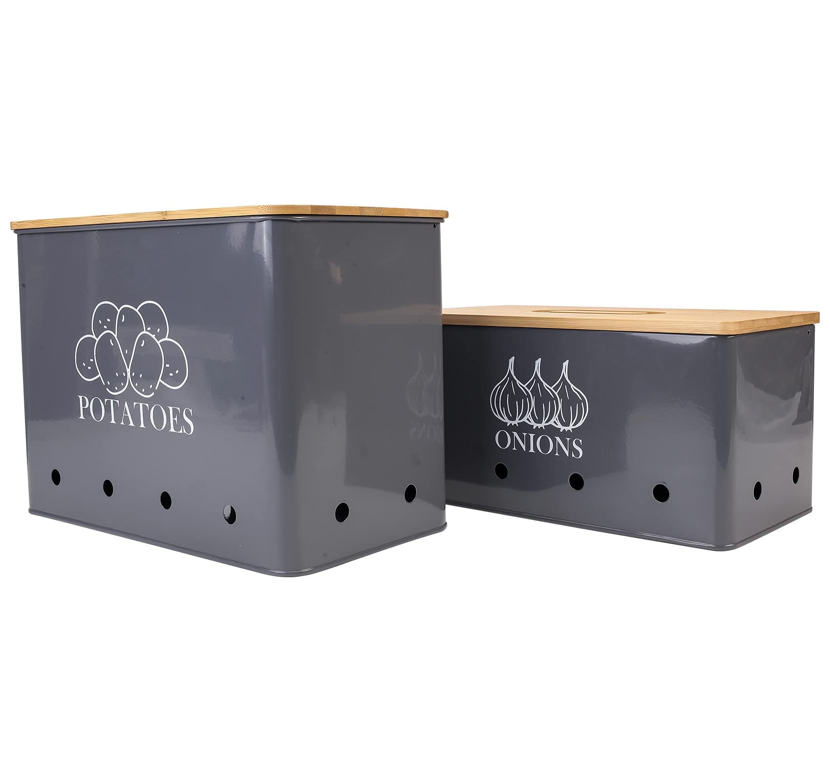 Potato Onion Kitchen Storage Canisters,Storage Bin For Kitchen 2 Pack Set,potatoe, Potato Storage Box，storage And Long Shelf Life With Aerating Tin Storage Holes-gray