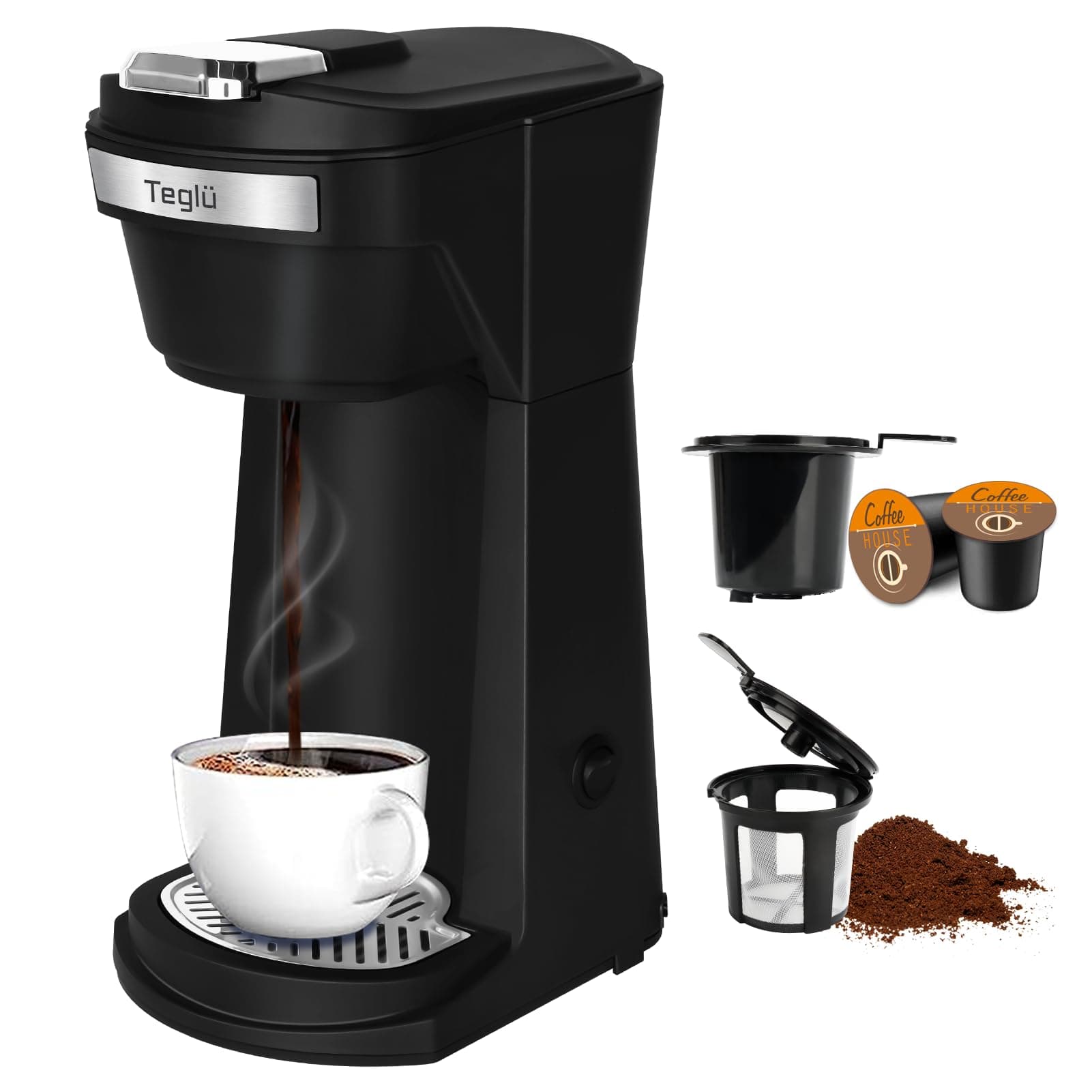 2 in 1 Single Serve Coffee Maker for K Cup Pods & Ground Coffee, Mini Coffee Machine with 6 to 14 oz Brew Sizes, Single Cup Coffee Brewer with One-Press Fast Brewing, Reusable Filters, Black