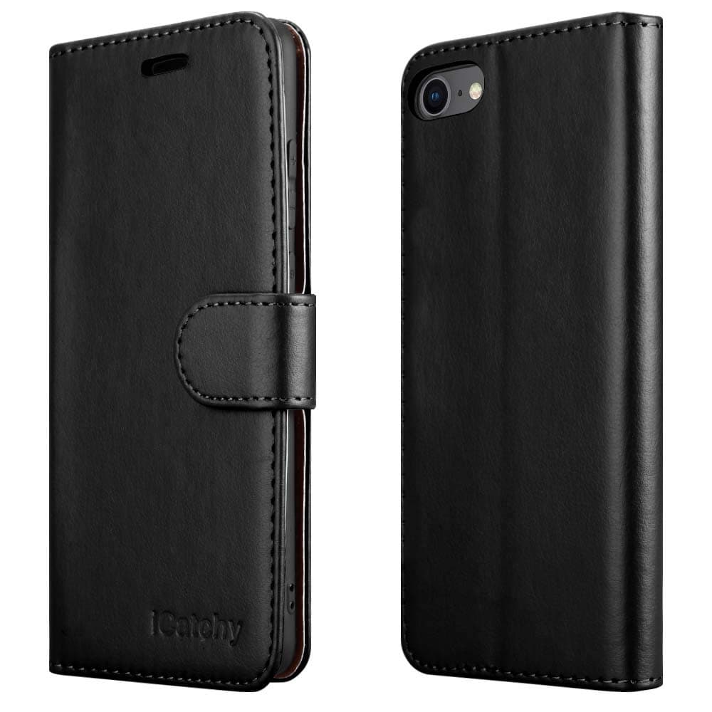 For iPhone SE 2022 Case 2020 Case, 8 7 Leather Wallet Book Flip Folio Stand View Compatible with se 2022/2020 Phone Cover (Black)
