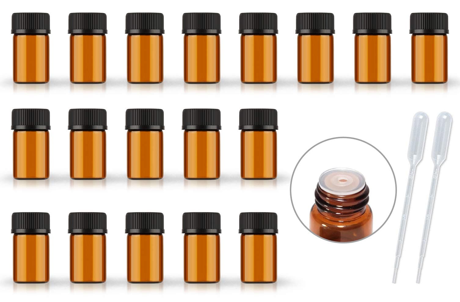 50Pack Set 2ML Amber Glass Bottle with Orifice Reducer and Cap Small Essential Oil Vials (2ML)