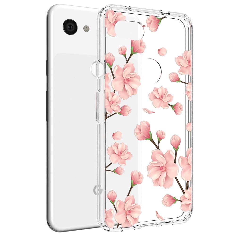 Case Compatible with Pixel 3a XL Case, [Crystal Clear] Anti-Scratch Shockproof Cover Clear Hard Back Panel + TPU Bumper Slim Case (Peach Blossom)