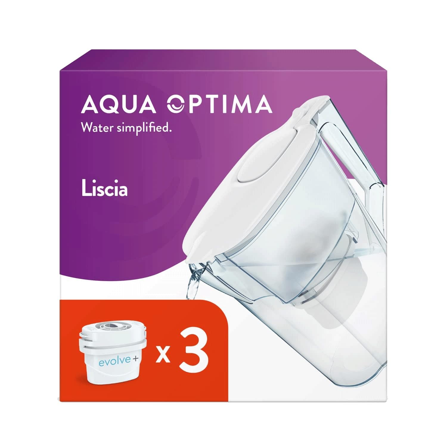 Aqua Optima Liscia Water Filter Jug & 3 Evolve+ Filter Cartridges 2.5L White - Fridge & Dishwasher Friendly, Easy Fill - Reduces Limescale, Chlorine & Other Impurities - By LAICA (Packaging May Vary)