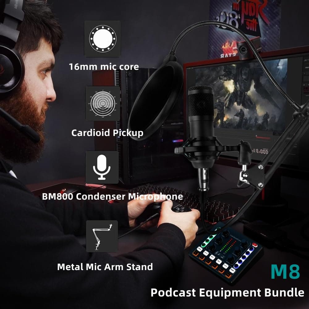 Podcast Equipment Bundle, BM-800 Podcast Microphone Bundle-Voice Changer with live Sound Card-Studio Condenser Microphone for Phone, PC, DJ, Perfect for Recording, Singing, Streaming and Gaming