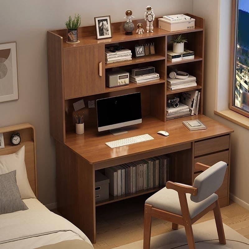 LITFAD Modern Computer Desk Work from Home Desk with Hutch, Bookcase and Integrated Cable Management, Rectangular Wood Office Desk 3 Drawers, 47.2" L x 17.7" W x 64.2" H, Dark Walnut