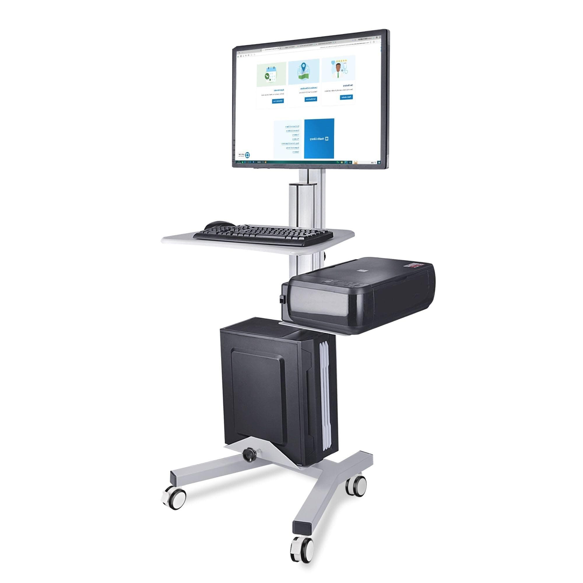 Medical Mobile Computer Cart Rolling PC Stand Desk Workstation on Wheels with Monitor Mount Adjustable Keyboard Tray CPU Printer Holder for Hospital Clinic School Office Silver