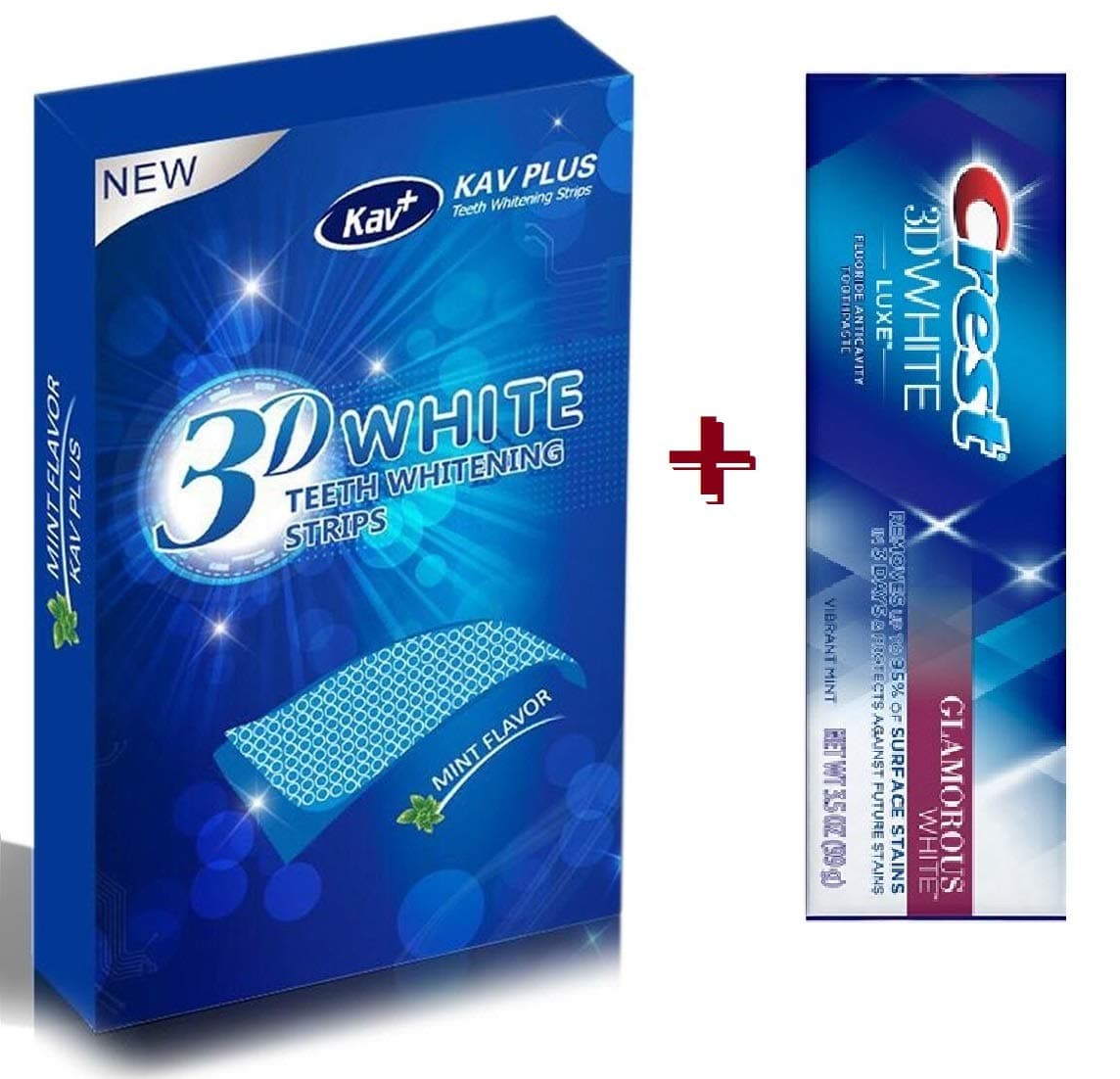 KAV PLUS 3D White Teeth Whitening Strips + Crest 3D Glamorous Toothpaste