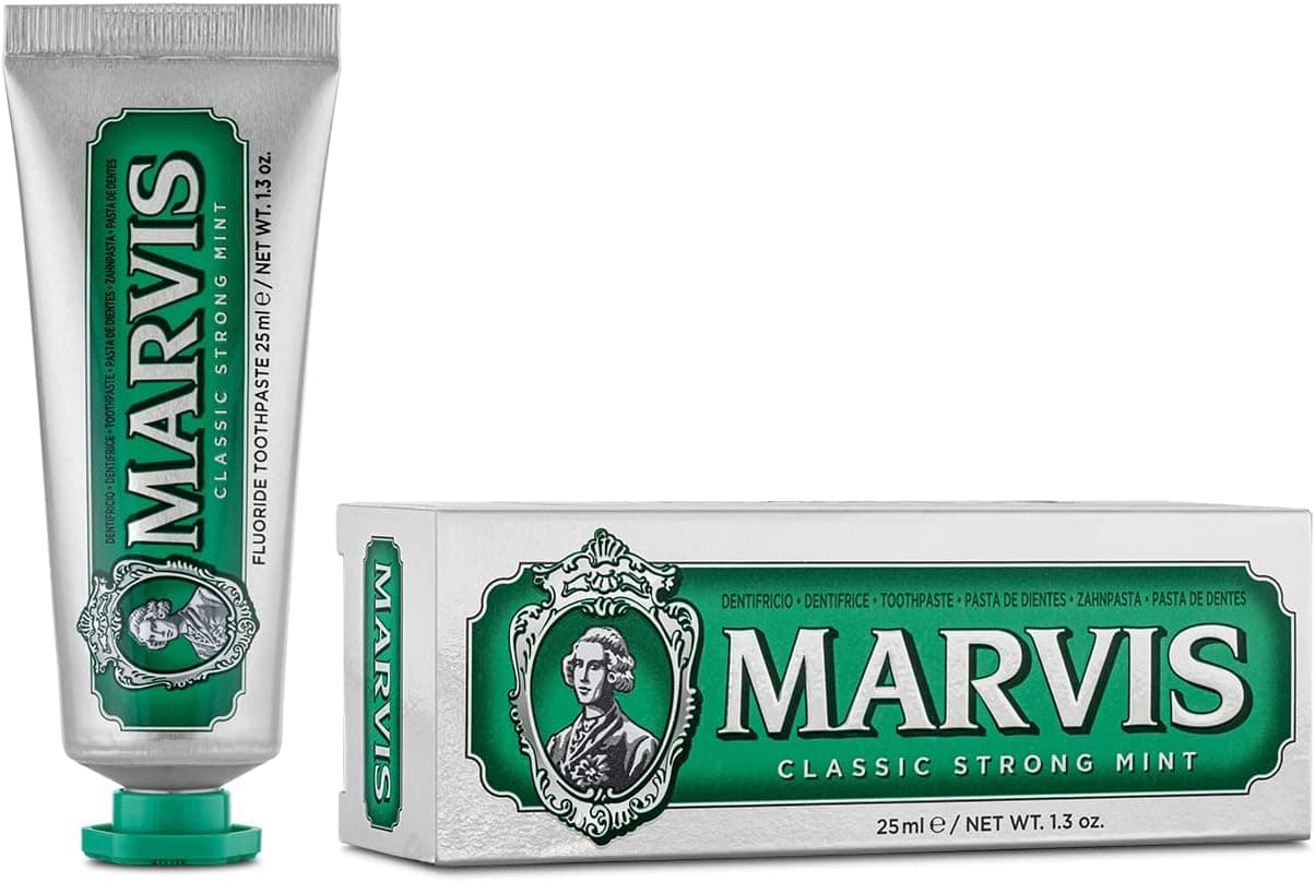 Marvis Classic Strong Mint Travel Size Toothpaste, 25 ml, Sensational Flavoured Toothpaste Helps Remove Plaque with Long-Lasting Freshness