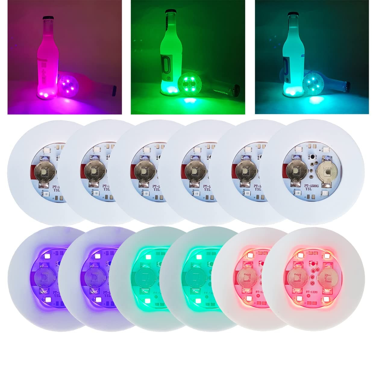 HANCIRCLE LED Coaster Colorful,12 Pack Light Up Coasters,LED Sticker Lights,Wine Bottle Lights,for Drinks,Bar Accessories,Party,Wedding