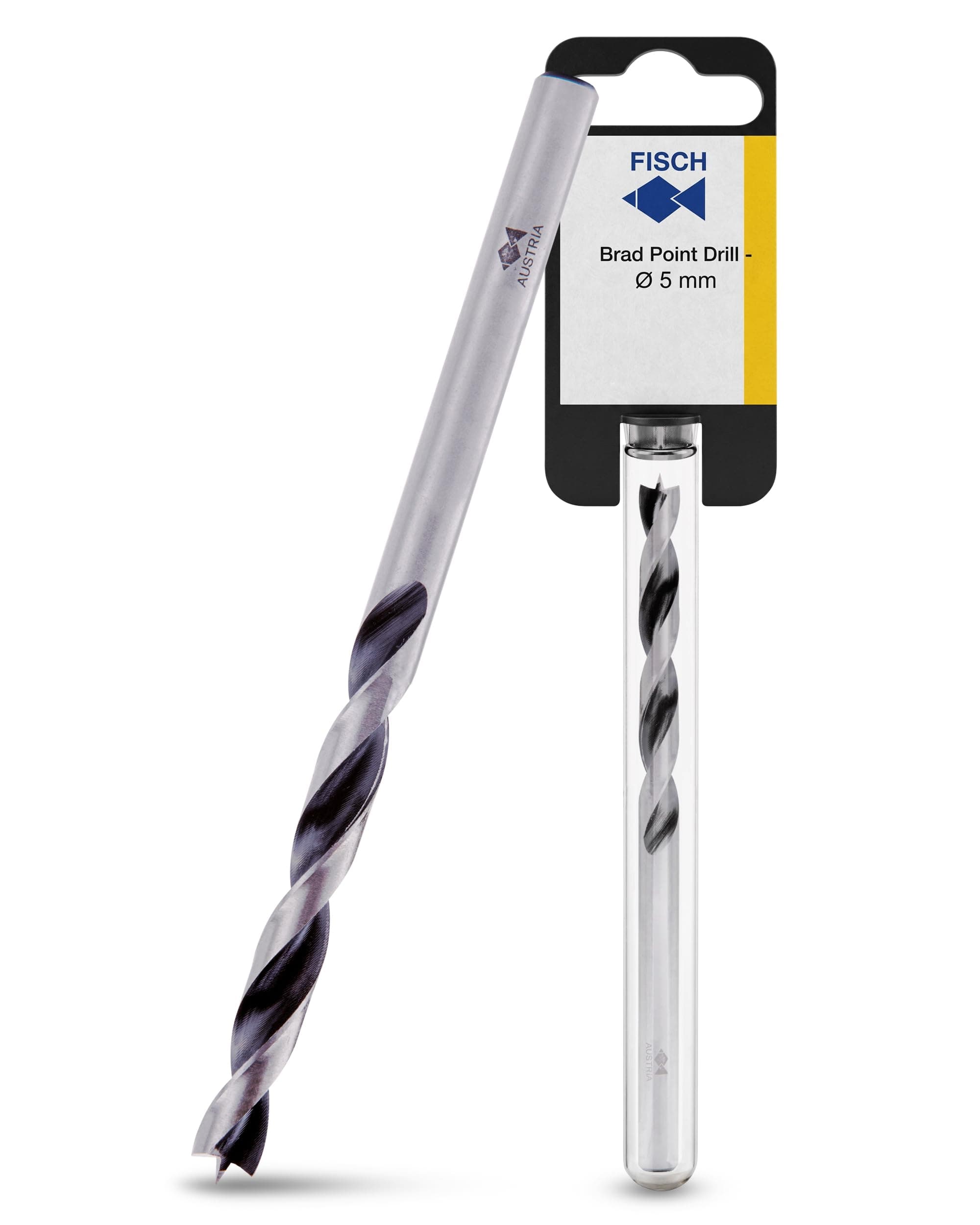 Fisch Brad Point Drill Bits (5mm x 86mm) - Premium Drill Bits for Soft, Hard, Veneered and Laminated Wood, MDF and Acrylic Glass - Beveled Edge for Fast, Easy Cutting - FSF-003960 - Made in Austria