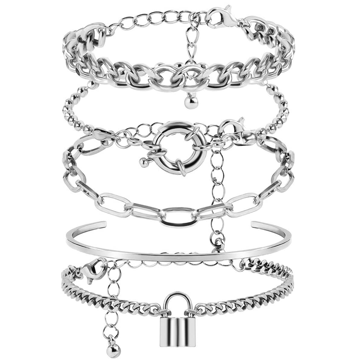 OctwineOctwine Fashion Cute Simple Boho Stackable Bracelet Set Gold Silver Chunky Layered Link Bracelet Chain Jewelry for Women 5PCS