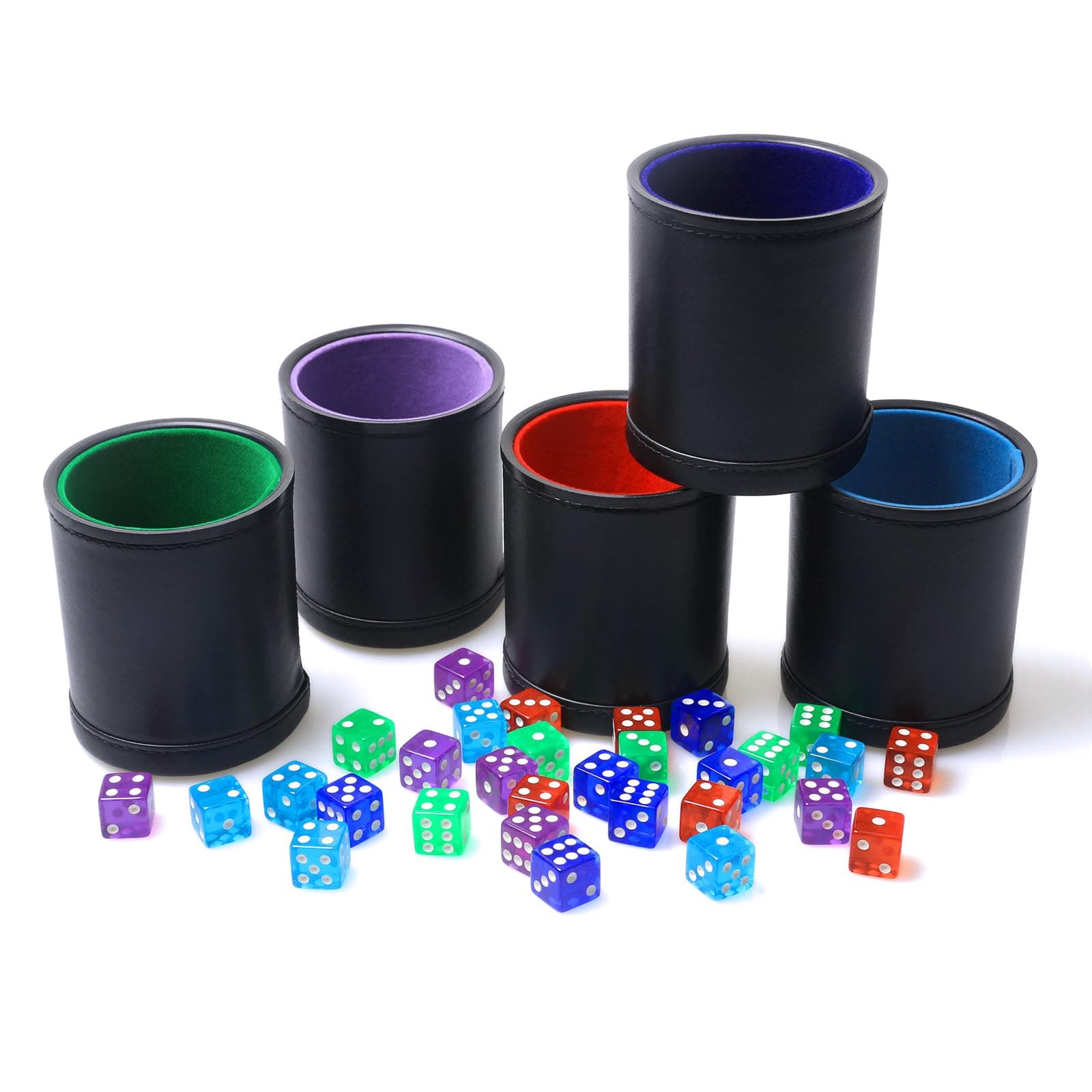 5 Pack PU Leather Dice Cups Velvet Felt-Lined Shaker Cups with 30 Dot Dice for Bar Party Yahtzee Farkle Dice Games