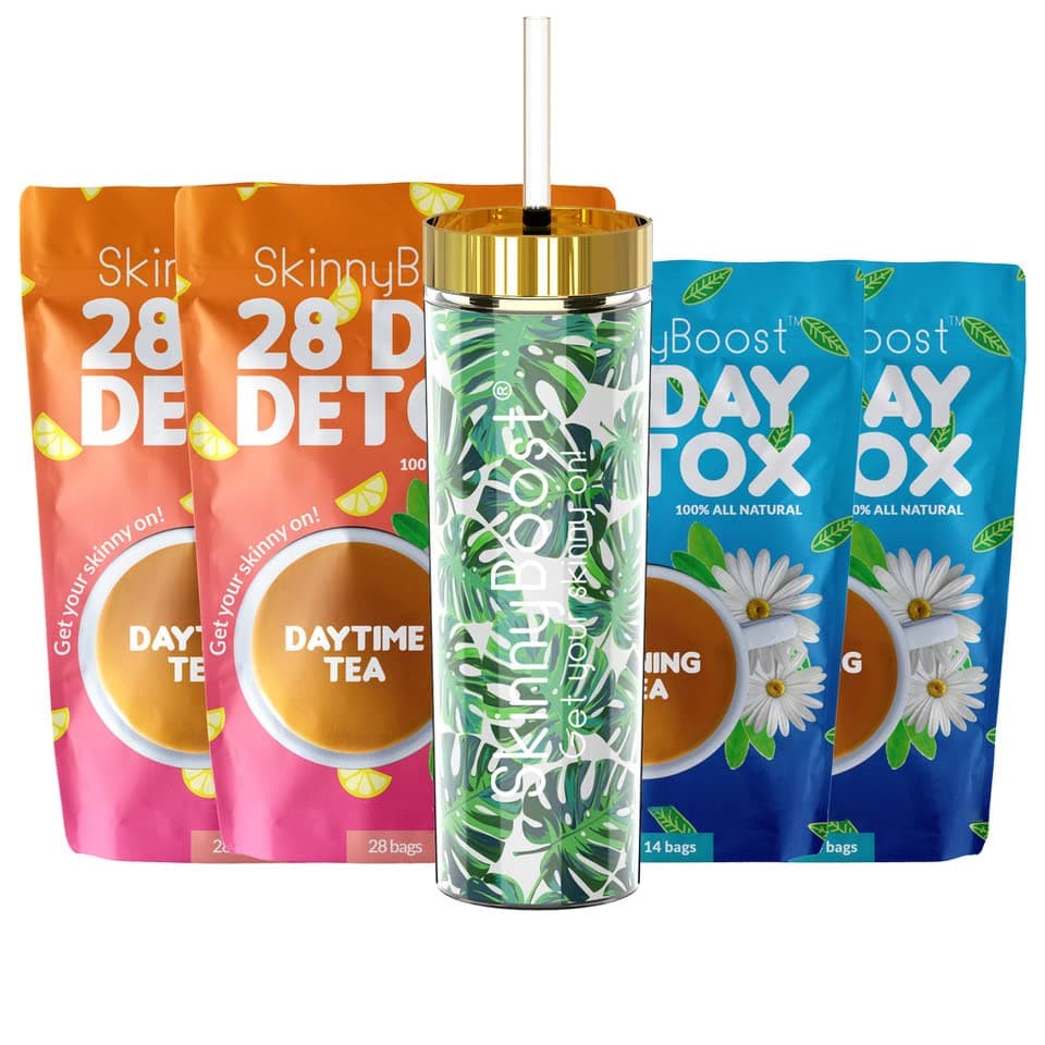 Skinny Boost Tea Kit-2 Pack-2 Plus Free Palm Leaf Tumbler- 2 Daytime Teas (28 Bags/Pouch) 2 Evening Detox Teas (14 Bags/Pouch) Non GMO, Vegan, All Natural Detox and Cleanse