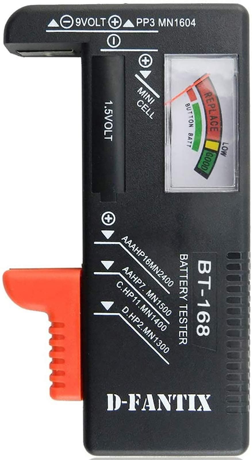 Black Olive Battery Tester Universal Battery Checker For AA AAA C D 9V 1.5V Button Cell Batteries (Model: BT-168), Battery Powered, Black