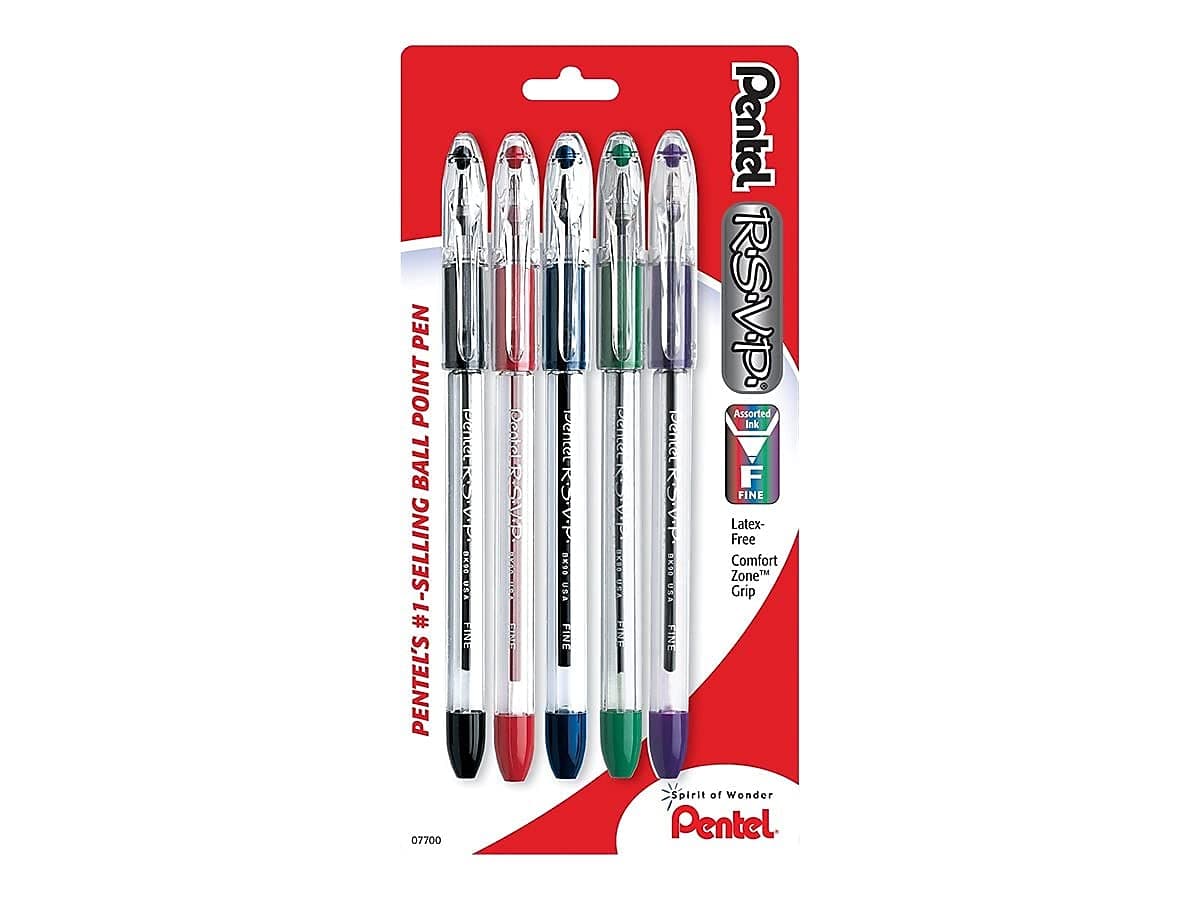 RSVP Ballpoint Pen, Fine Line, (0.7mm), Assorted Ink, Pack of 5 (BK90BP5M)