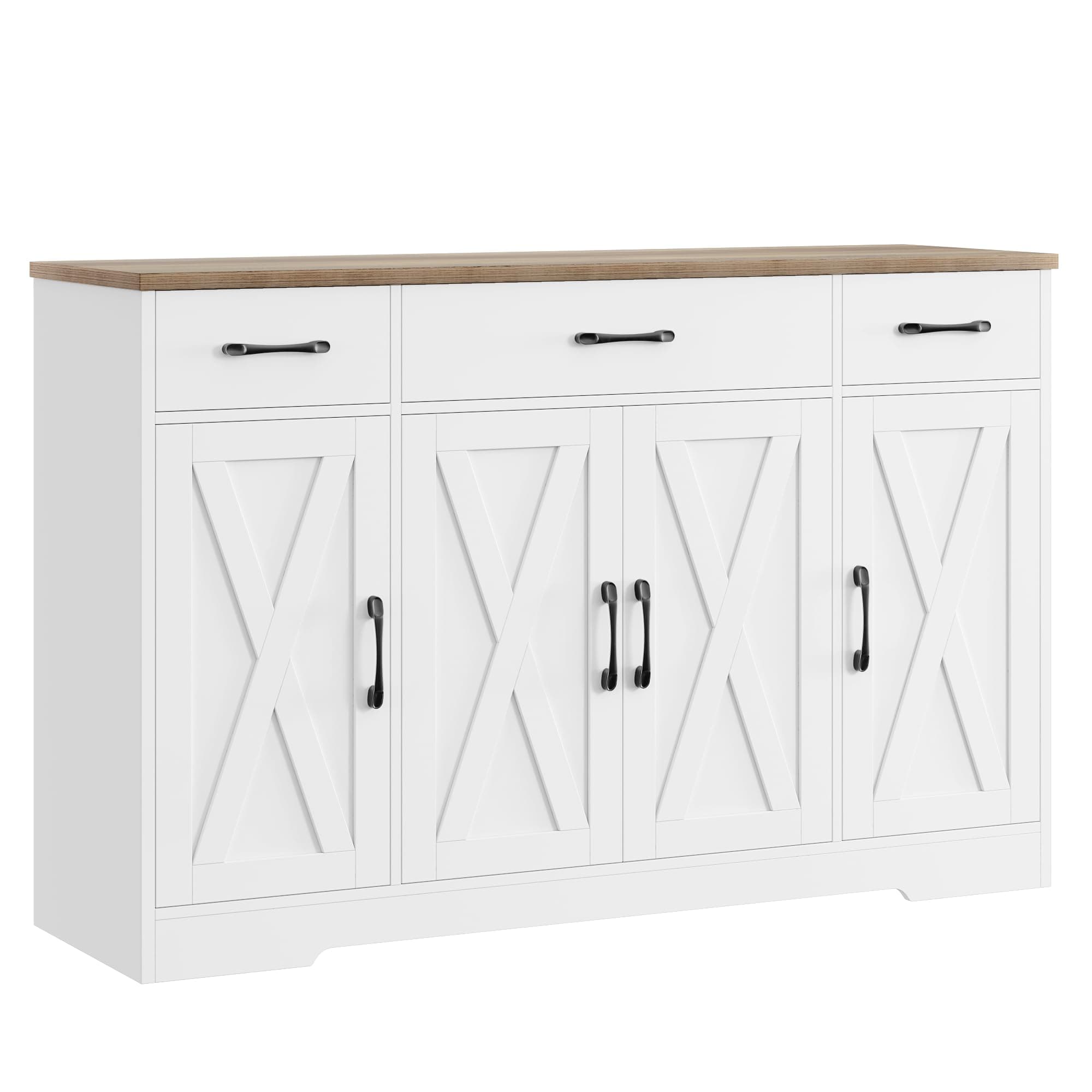 HOSTACK Buffet Cabinet with Drawers, 55" Large Sideboard Buffet Storage Cabinet with Shelves and Doors, Modern Farmhouse Coffee Bar Station Wood Kitchen Table for Kitchen, Dining Room, White/Rustic