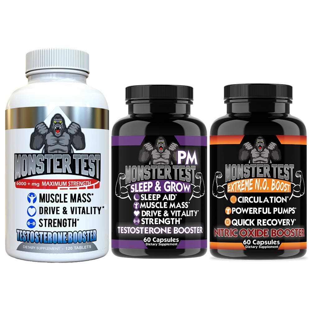 Angry Supplements Test Booster for Men (3 Pack), Monster Test (120 Tablets), Monster N.O Nitric Oxide Booster, Monster PM Sleep Aid, Build Muscle, Increase Energy & Drive, (3-Pack)