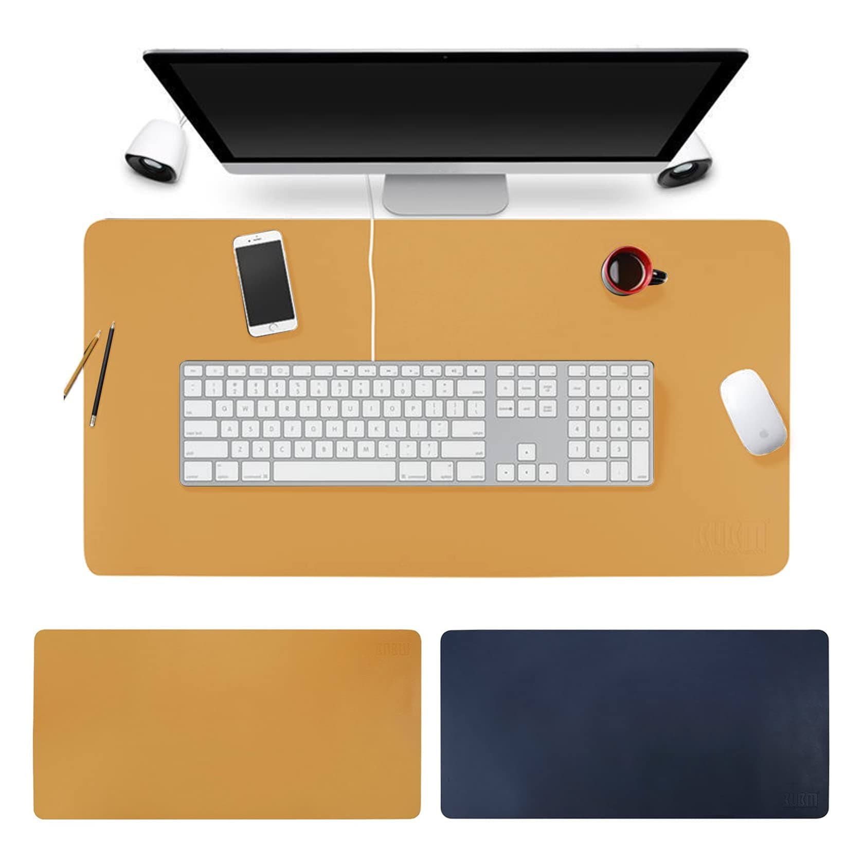 BUBM PU Leather Mouse Pad Mat Waterproof, Perfect Desk Writing Mat for Office and Home,Ultra Thin 2mm - 31.5"x15.8" (Sapphire)