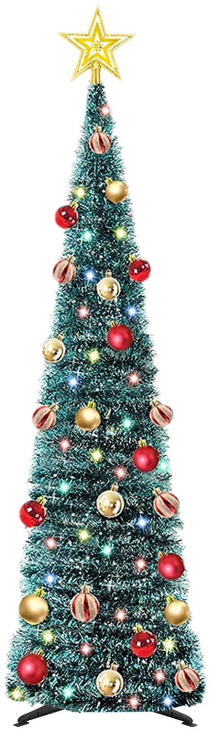 5 FT Collapsible Artificial Christmas Tree, Pop Up Tree with Color Lights, Tinsel Christmas Tree with Tree Star and Baubles for Xmas Holiday Home Decoration (Blue)